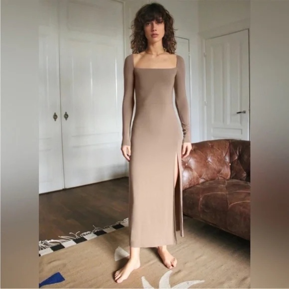 Wilfred Chablis Long Sleeve Square Neck Taupe Midi Dress Size S